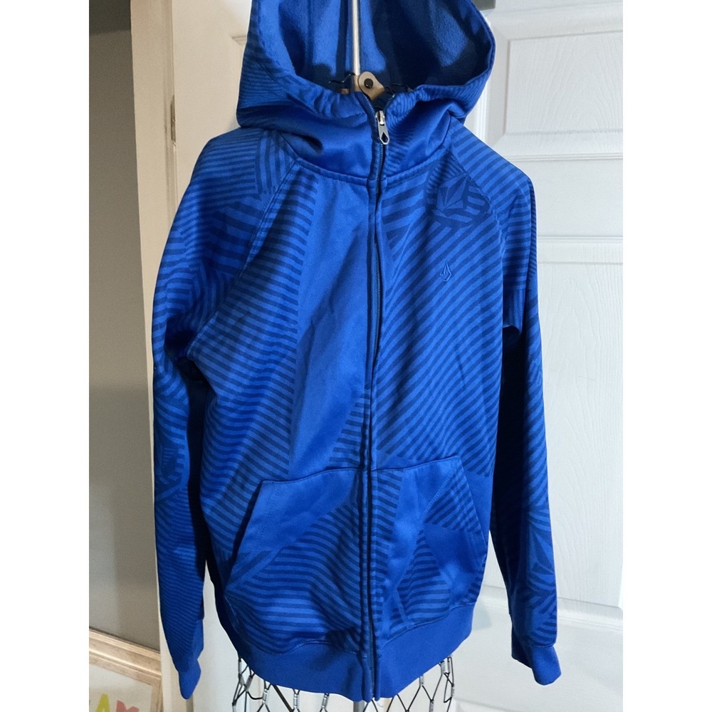 Volcom Boys XL Blue Full Zip Hoodie Geometric Stripe Fleece Sweatshirt Size 14Y‎